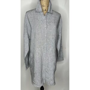 Chico's Blue Pin Stripe Button 100 % Linen Shirt Hilo Sleeve C Pockets 2/L EUC